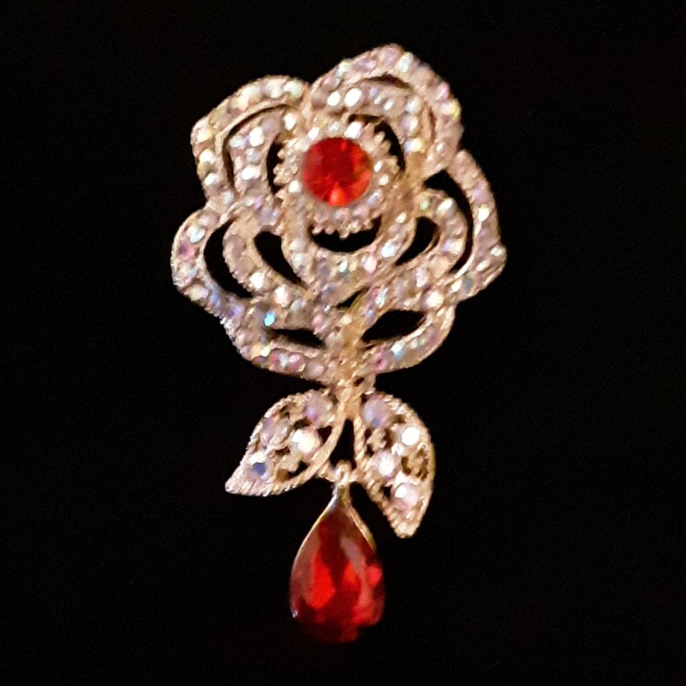 Golden ROSE Red JEWELS Rhinestone Flower Brooch - Picture 6 of 6